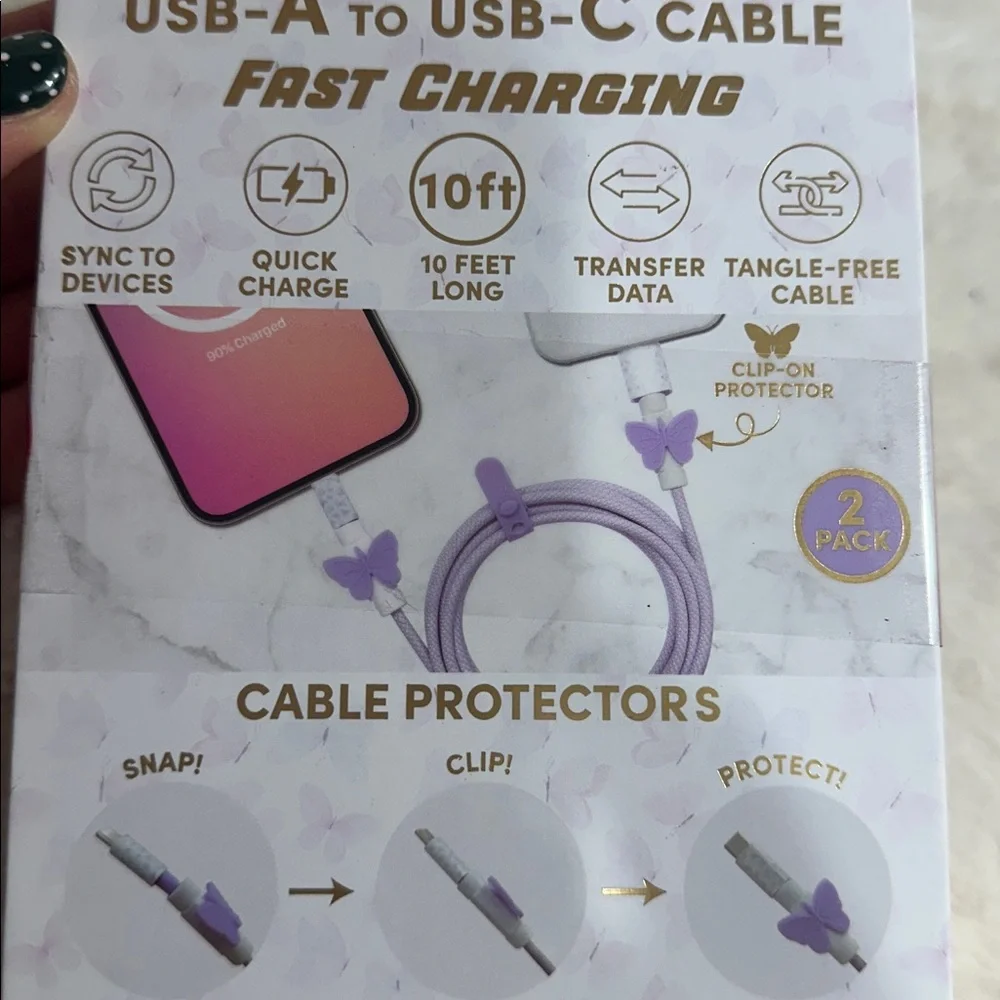 Xo poppy purple butterfly fast charger USB-A toUSB -C 10 ft phone charger